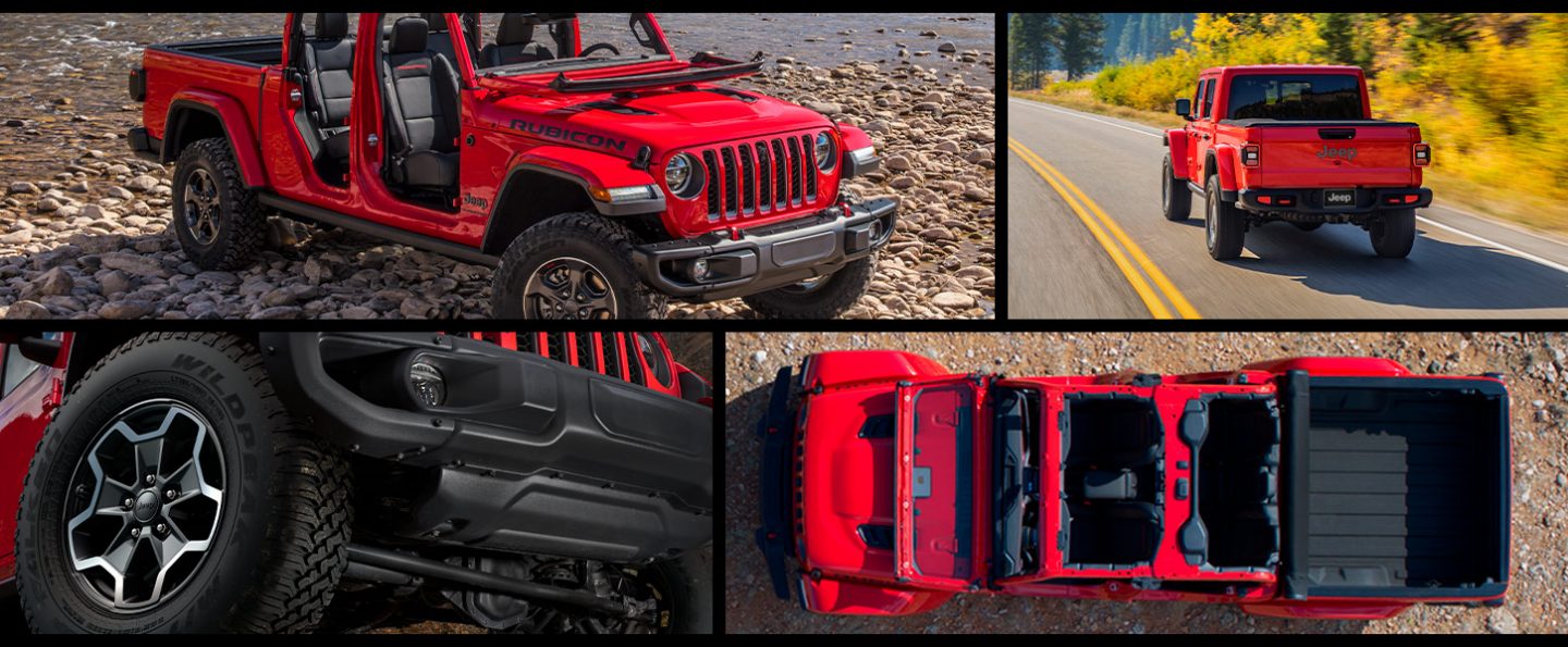 A collage of four images of the 2022 Jeep Gladiator Rubcon from several angles.